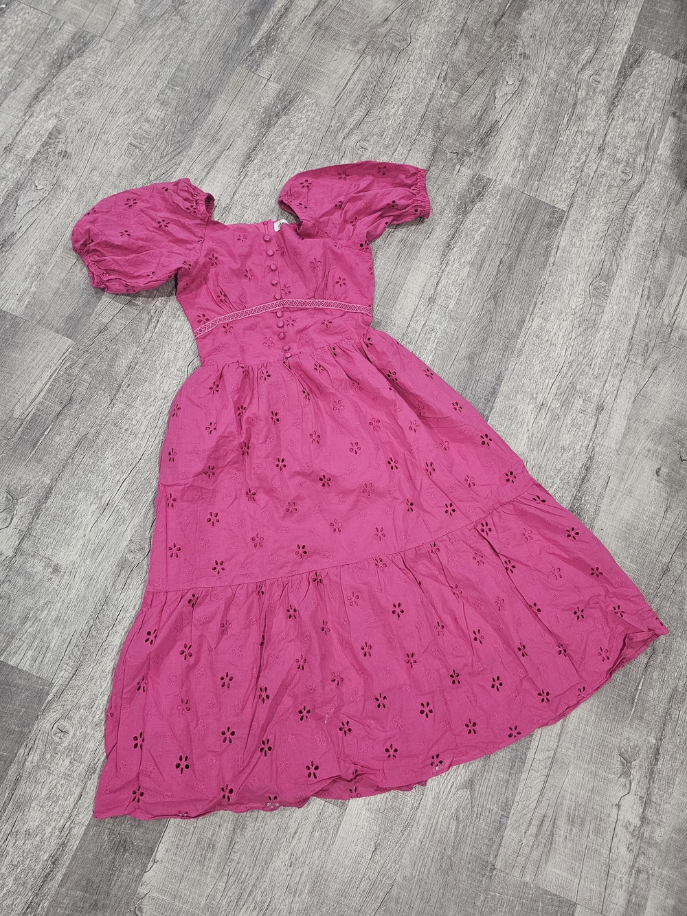 Fuchsia Eyelet Maxi Dress with Puff Sleeves